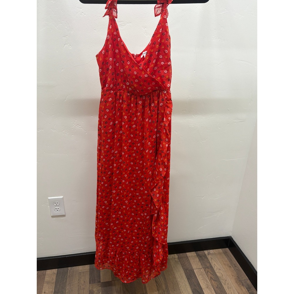 Madewell Red Floral Ruffle Maxi Dress Gold Metallic Stripe Size 4 Small
